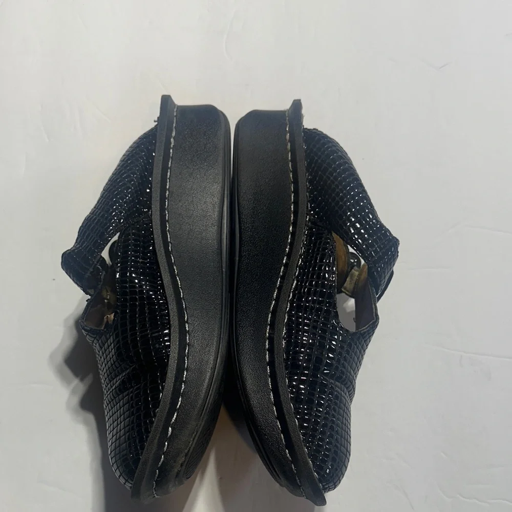 Alegria Black snakeskin Glossy Mary Jane slip on clogs w adjustable side strap - Picture 4 of 11